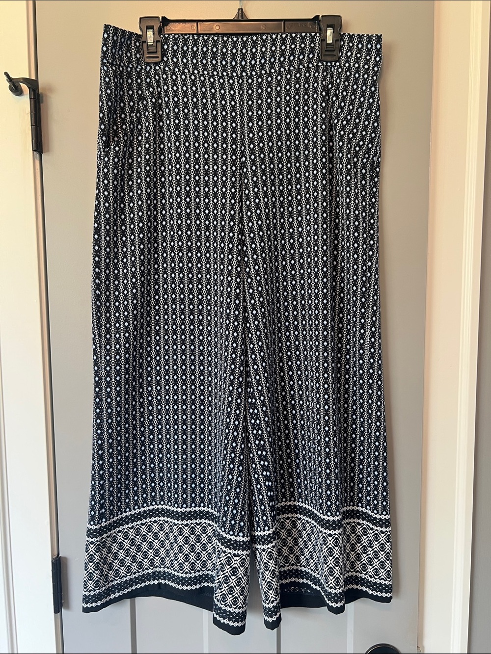 Max Studio Navy & White Wide-Leg Patterned Palazzo Pants Size Large